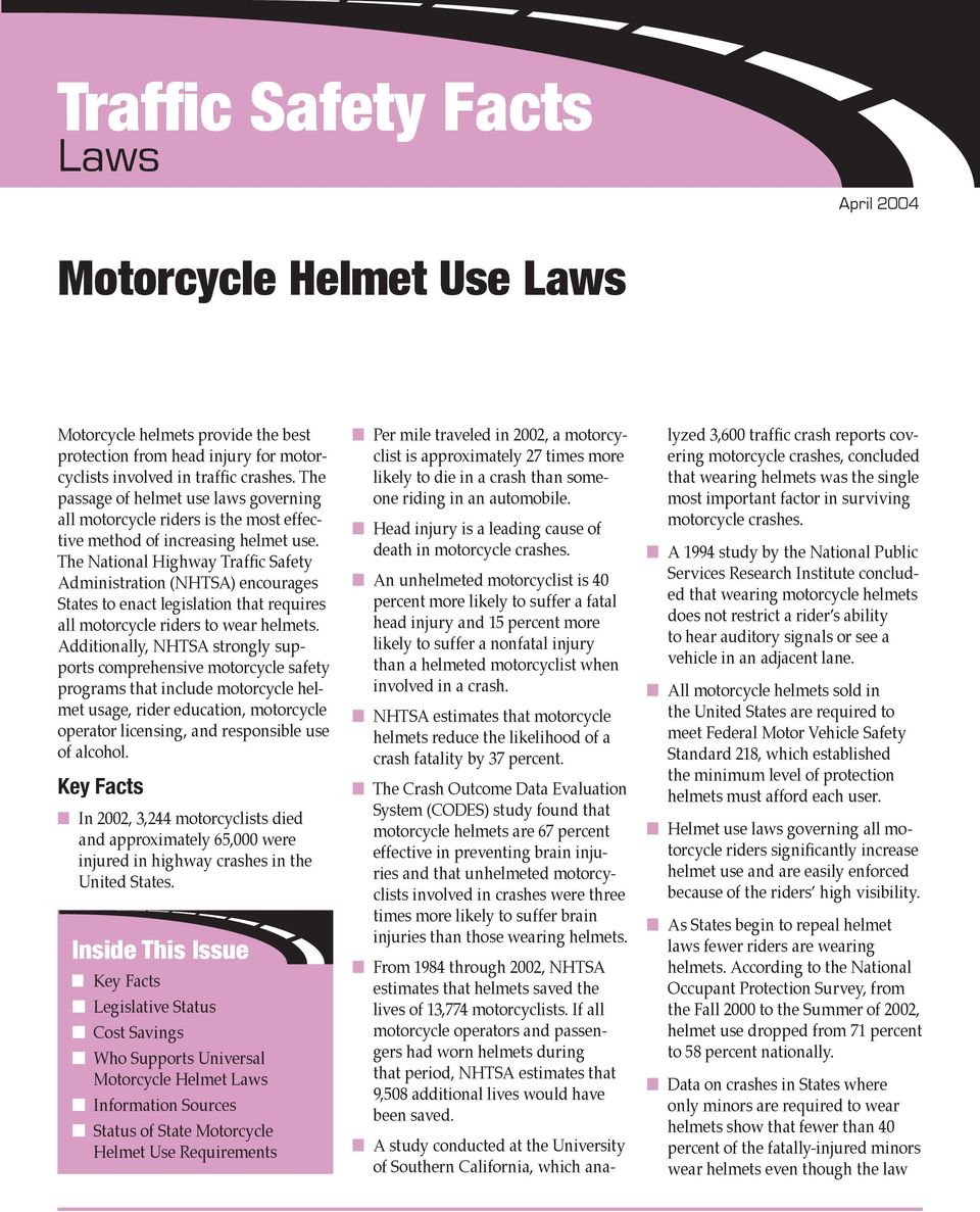 The National Highway Traffic Safety Administration (NHTSA) encourages States to enact legislation that requires all motorcycle riders to wear helmets.
