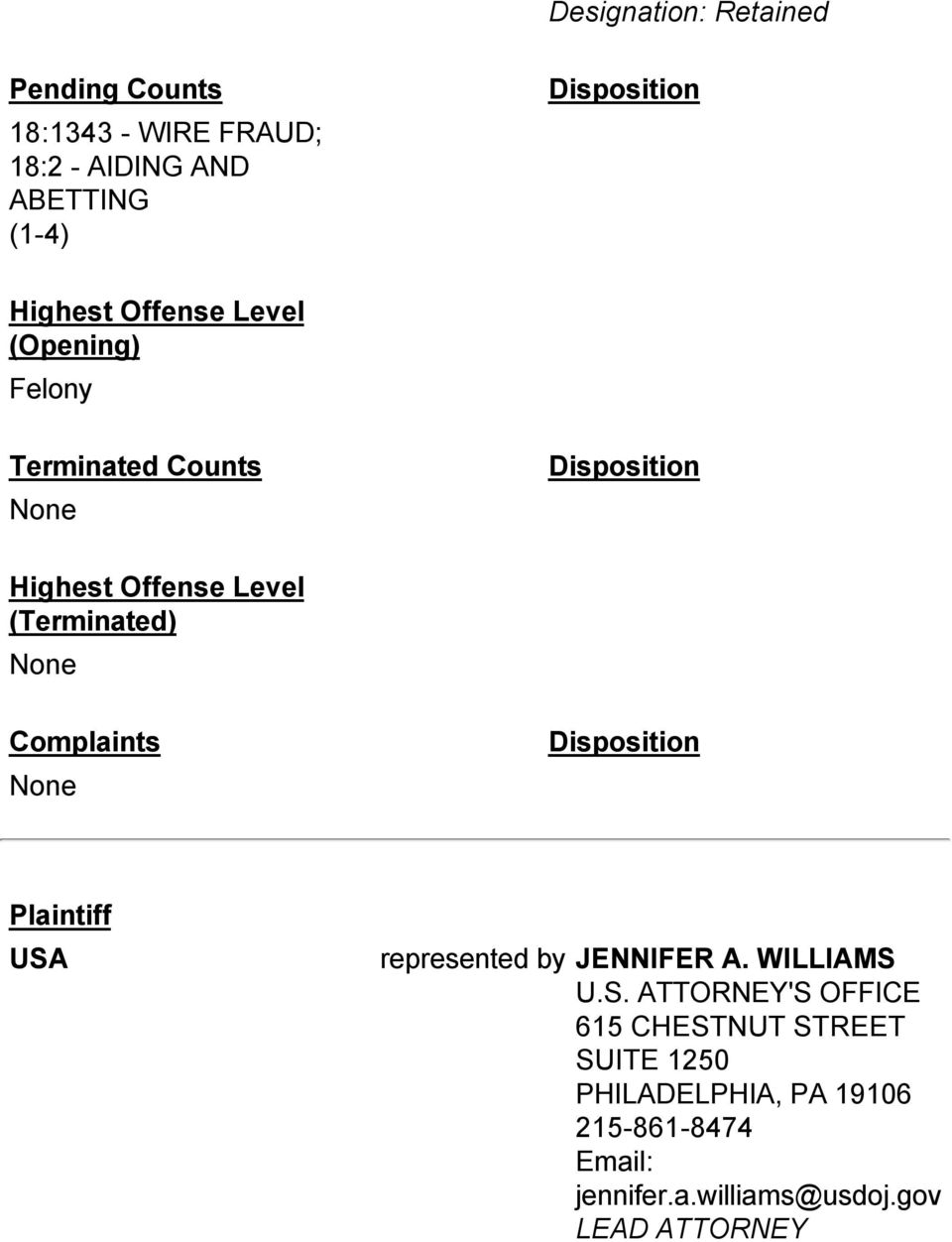 None Complaints None Disposition Plaintiff USA