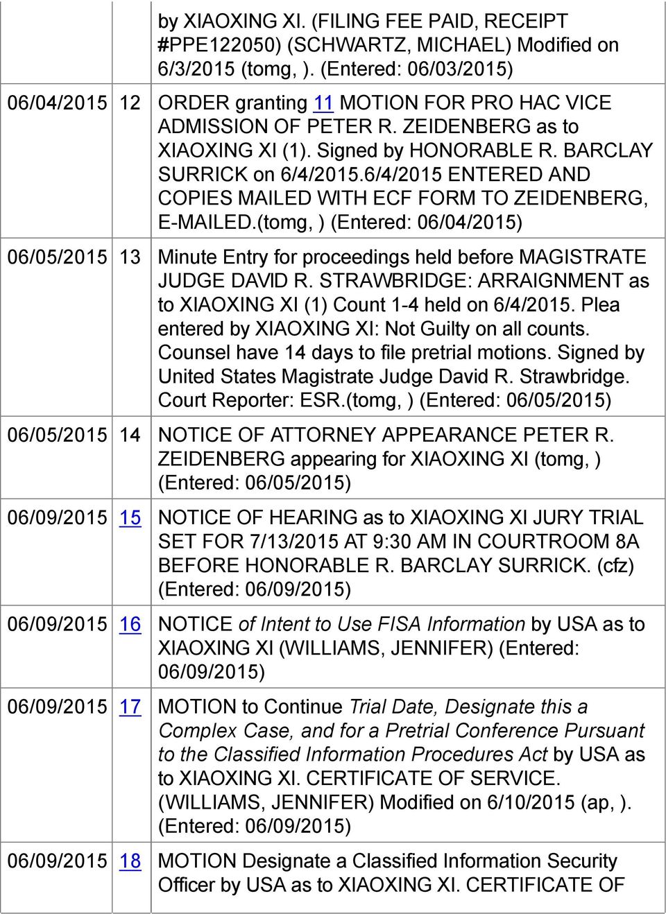 6/4/2015 ENTERED AND COPIES MAILED WITH ECF FORM TO ZEIDENBERG, E-MAILED.(tomg, ) (Entered: 06/04/2015) 06/05/2015 13 Minute Entry for proceedings held before MAGISTRATE JUDGE DAVID R.