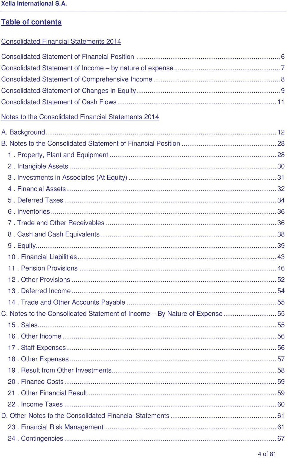 .. 11 Notes to the Consolidated Financial Statements 2014 A. Background... 12 B. Notes to the Consolidated Statement of Financial Position... 28 1. Property, Plant and Equipment... 28 2.