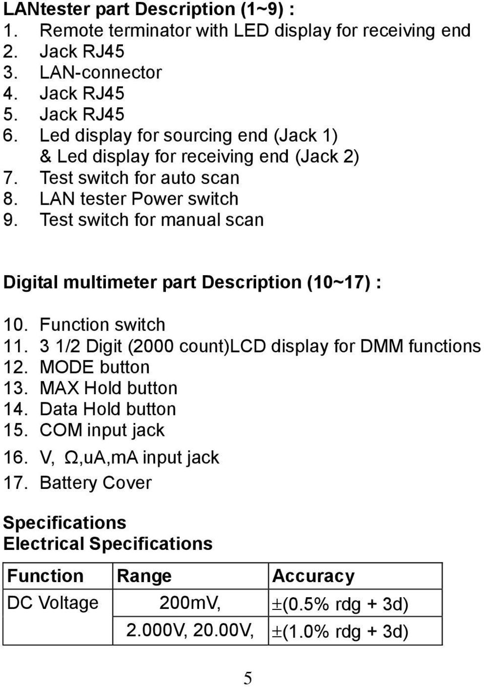 Test switch for manual scan Digital multimeter part Description (10~17) : 10. Function switch 11. 3 1/2 Digit (2000 count)lcd display for DMM functions 12. MODE button 13.