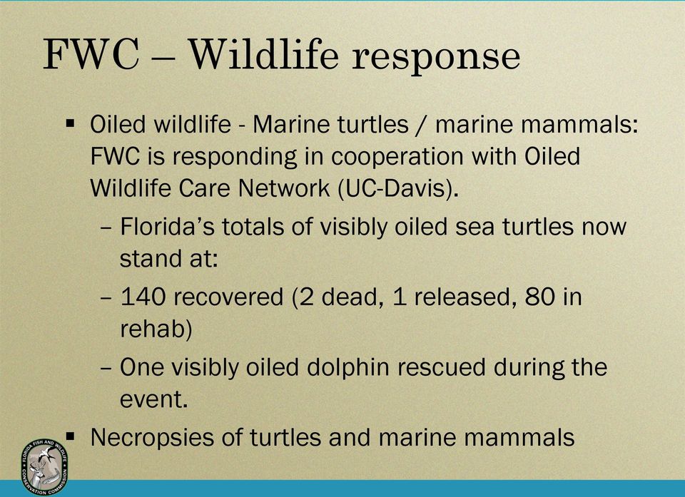 Florida s totals of visibly oiled sea turtles now stand at: 140 recovered (2 dead, 1