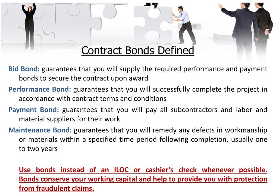 suppliers for their work Maintenance Bond: guarantees that you will remedy any defects in workmanship or materials within a specified time period following completion, usually