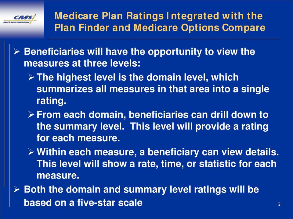 From each domain, beneficiaries can drill down to the summary level. This level will provide a rating for each measure.