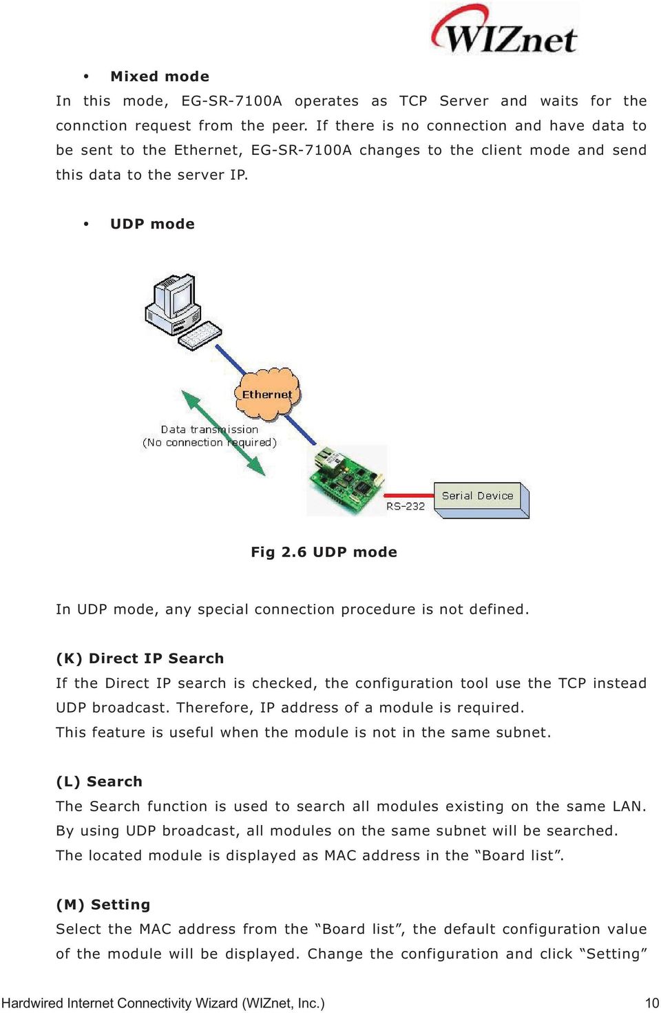 6 UDP mode In UDP mode, any special connection procedure is not defined. (K) Direct IP Search If the Direct IP search is checked, the configuration tool use the TCP instead UDP broadcast.