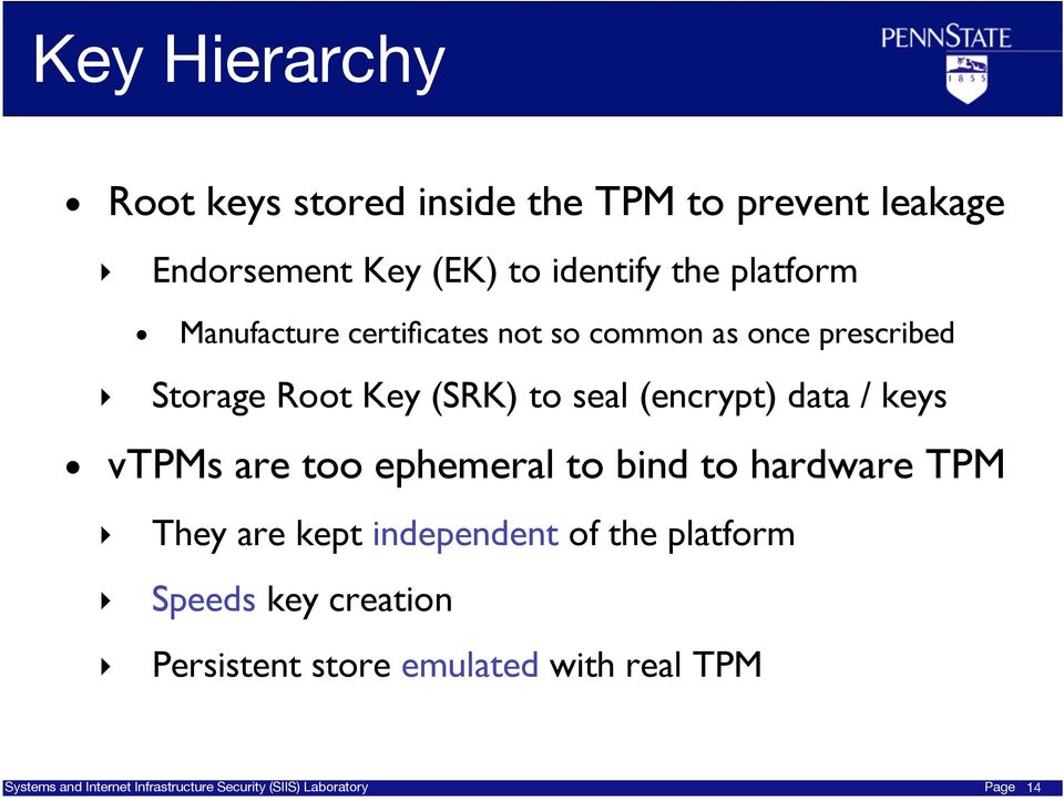 vtpms are too ephemeral to bind to hardware TPM They are kept independent of the platform Speeds key creation