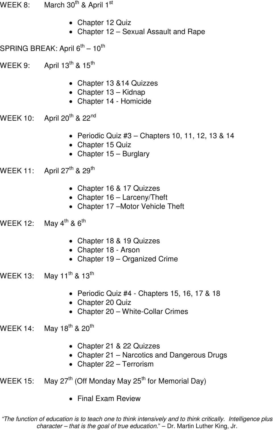Chapter 17 Motor Vehicle Theft WEEK 12: May 4 th & 6 th Chapter 18 & 19 Quizzes Chapter 18 - Arson Chapter 19 Organized Crime WEEK 13: May 11 th & 13 th Periodic Quiz #4 - Chapters 15, 16, 17 & 18