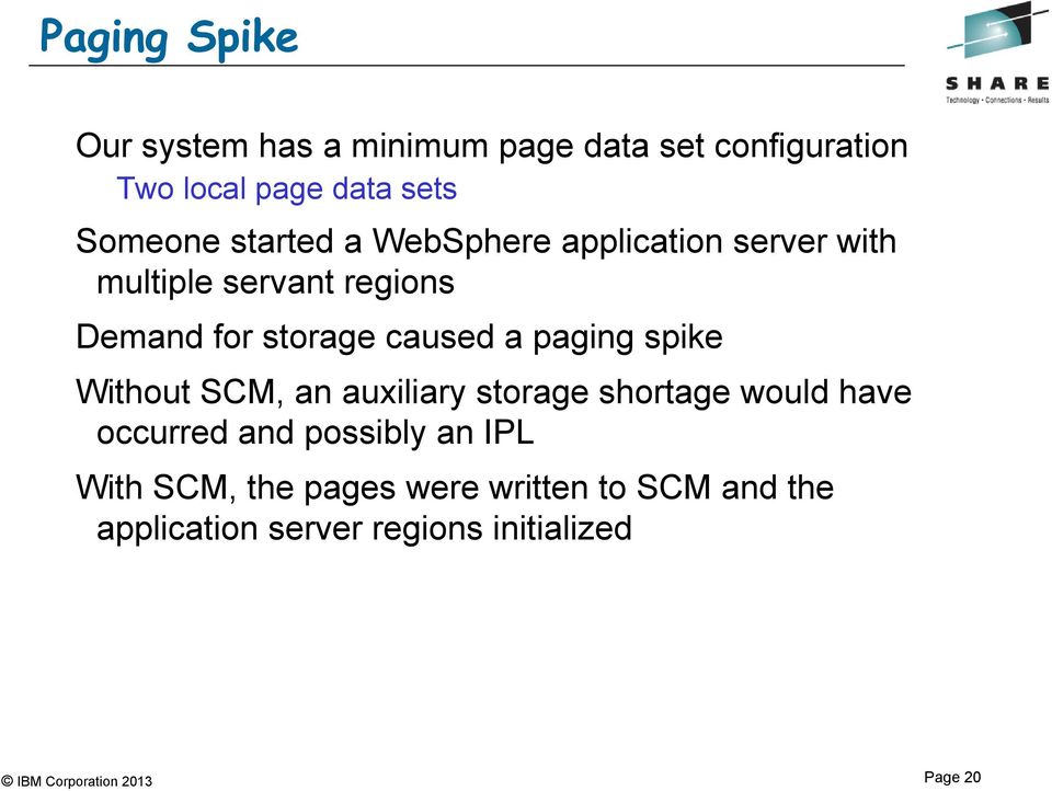 caused a paging spike Without SCM, an auxiliary storage shortage would have occurred and