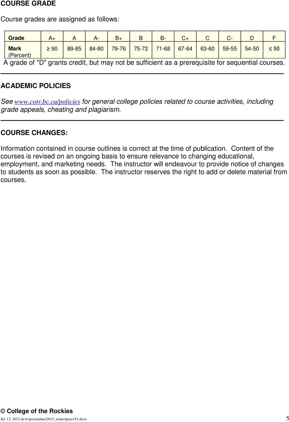 ca/policies for general college policies related to course activities, including grade appeals, cheating and plagiarism.