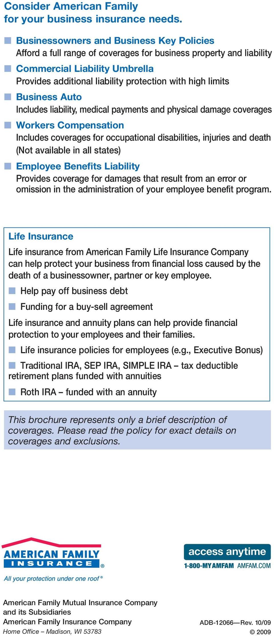 Business Auto Includes liability, medical payments and physical damage coverages Workers Compensation Includes coverages for occupational disabilities, injuries and death (Not available in all