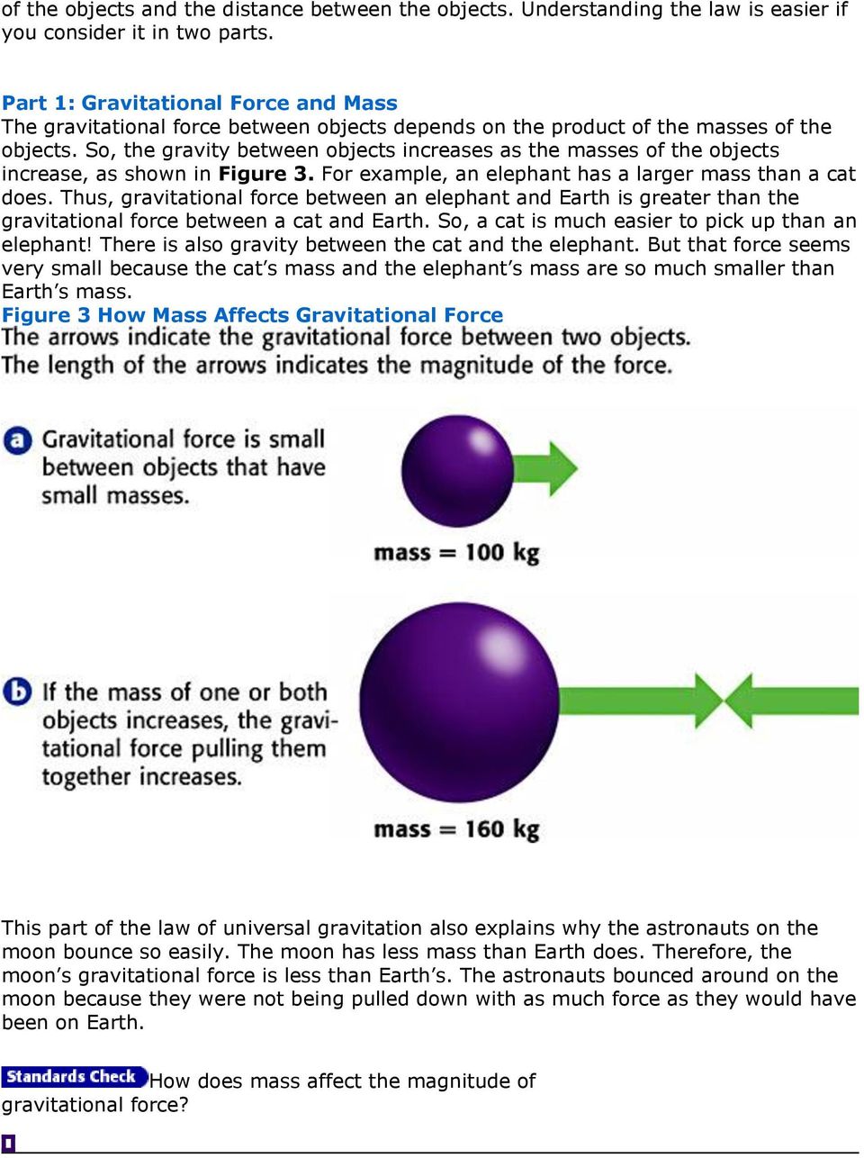 So, the gravity between objects increases as the masses of the objects increase, as shown in Figure 3. For example, an elephant has a larger mass than a cat does.