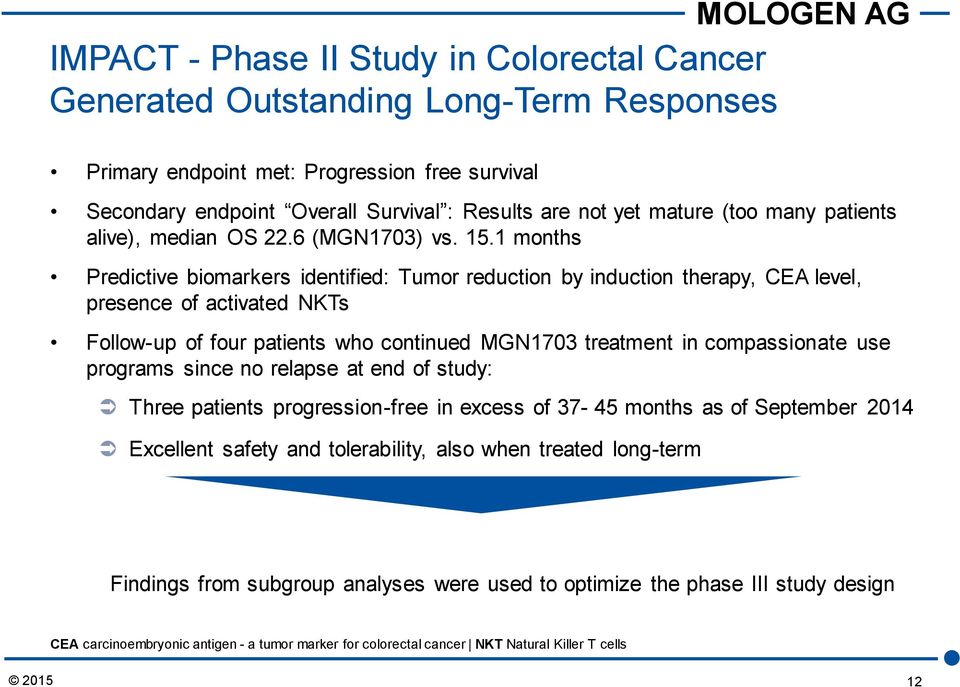 1 months Predictive biomarkers identified: Tumor reduction by induction therapy, CEA level, presence of activated NKTs Follow-up of four patients who continued MGN1703 treatment in compassionate use