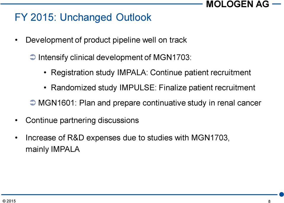 IMPULSE: Finalize patient recruitment MGN1601: Plan and prepare continuative study in renal cancer