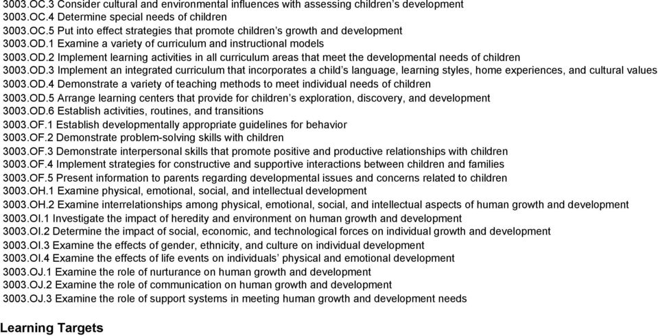 OD.4 Demonstrate a variety of teaching methods to meet individual needs of children 3003.OD.5 Arrange learning centers that provide for children s exploration, discovery, and development 3003.OD.6 Establish activities, routines, and transitions 3003.