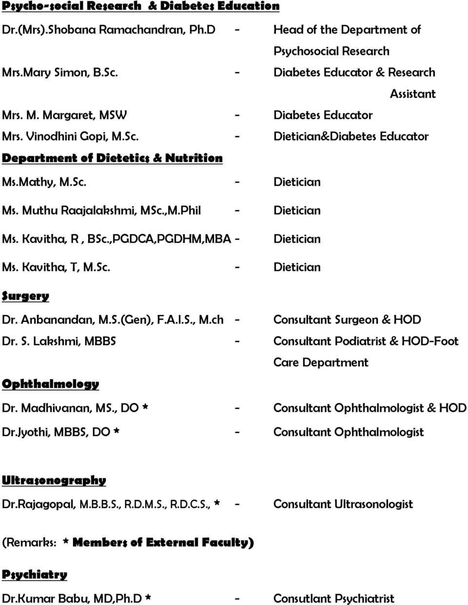 ,PGDCA,PGDHM,MBA - Dietician Ms. Kavitha, T, M.Sc. - Dietician Surgery Dr. Anbanandan, M.S.(Gen), F.A.I.S., M.ch - Consultant Surgeon & HOD Dr. S. Lakshmi, MBBS - Consultant Podiatrist & HOD-Foot Care Department Ophthalmology Dr.