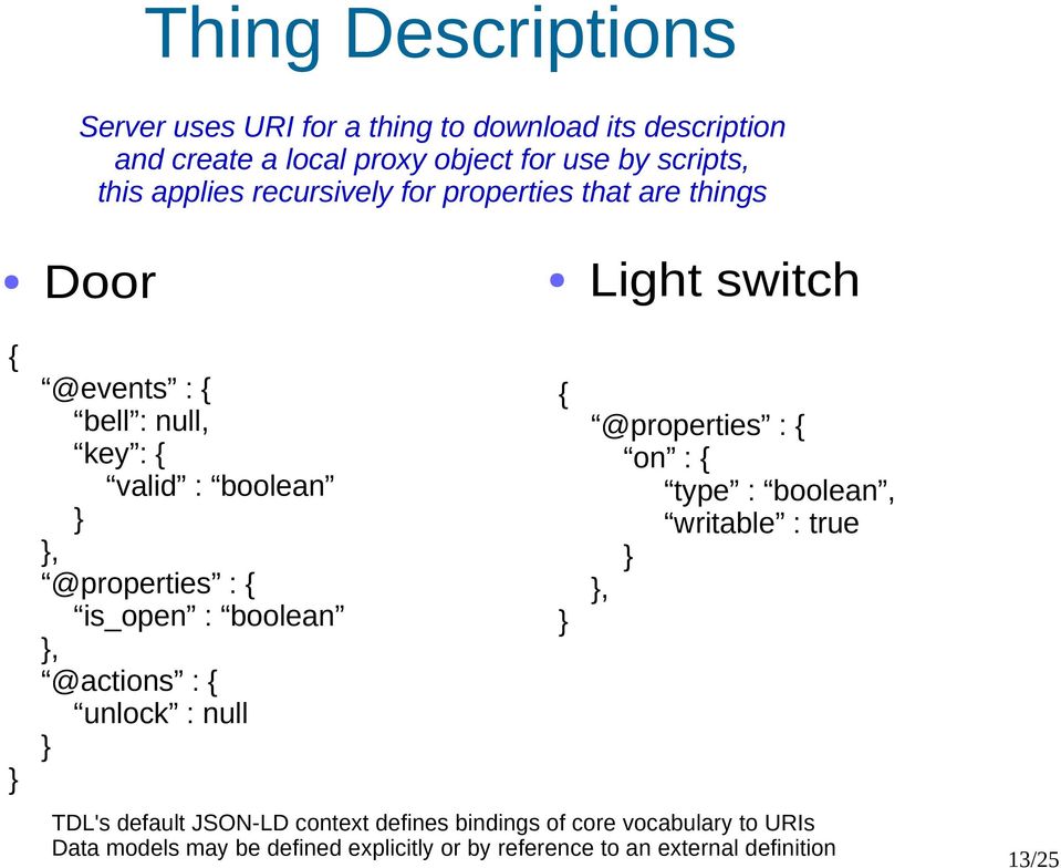 : boolean, @actions : { unlock : null { Light switch @properties : { on : { type : boolean, writable : true, TDL's default JSON-LD