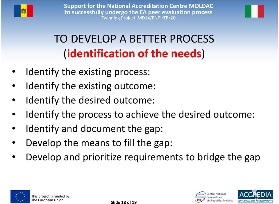 process to achieve the desired outcome: Identify and document the gap: