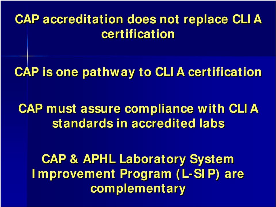 compliance with CLIA standards in accredited labs CAP &
