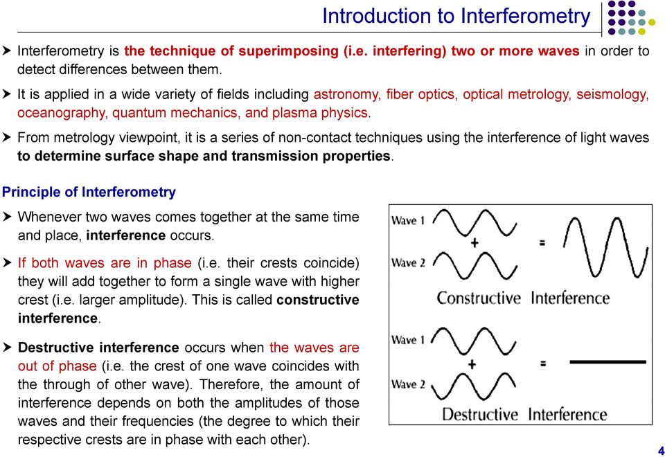 From metrology viewpoint, it is a series of non-contact techniques using the interference of light waves to determine surface shape and transmission properties.