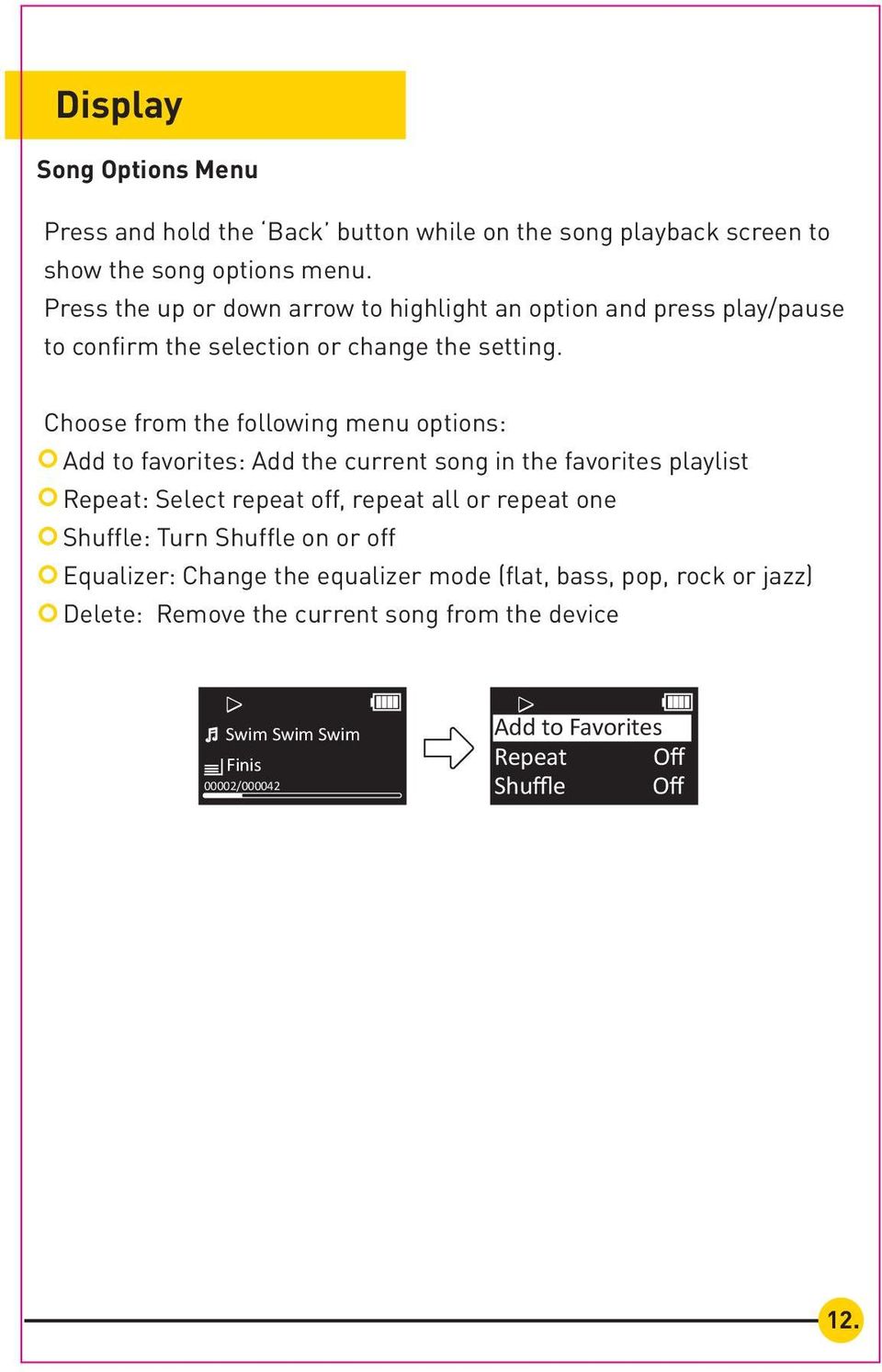 Choose from the following menu options: Add to favorites: Add the current song in the favorites playlist Repeat: Select repeat off, repeat all or repeat one