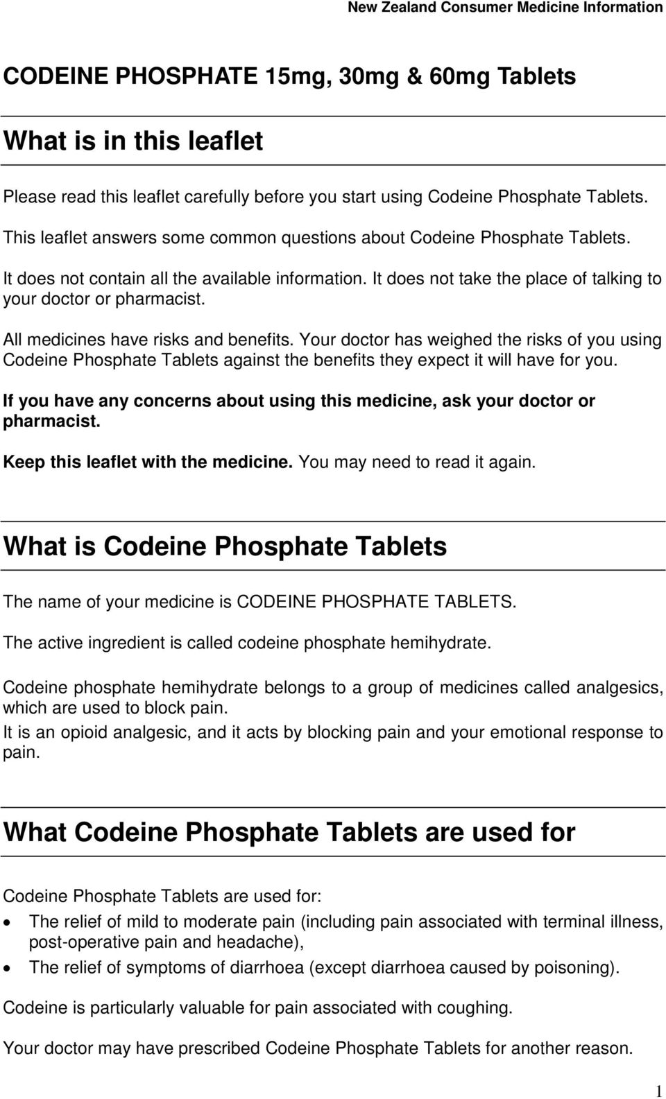 All medicines have risks and benefits. Your doctor has weighed the risks of you using Codeine Phosphate Tablets against the benefits they expect it will have for you.