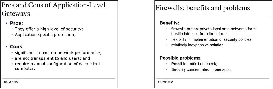 Firewalls: benefits and problems Benefits: firewalls protect private local area networks from hostile intrusion from the Internet;