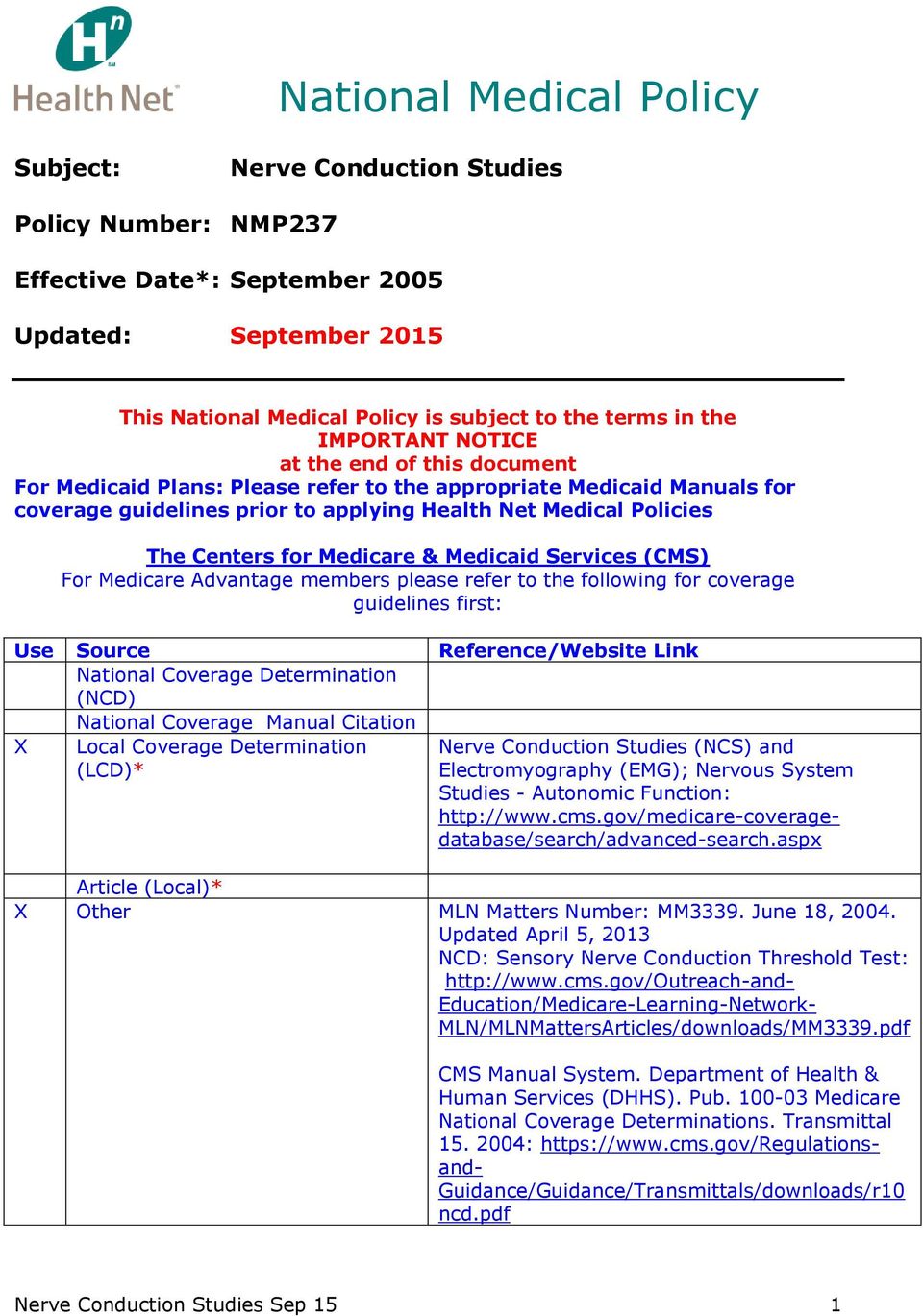 Medicare & Medicaid Services (CMS) For Medicare Advantage members please refer to the following for coverage guidelines first: Use Source Reference/Website Link National Coverage Determination (NCD)