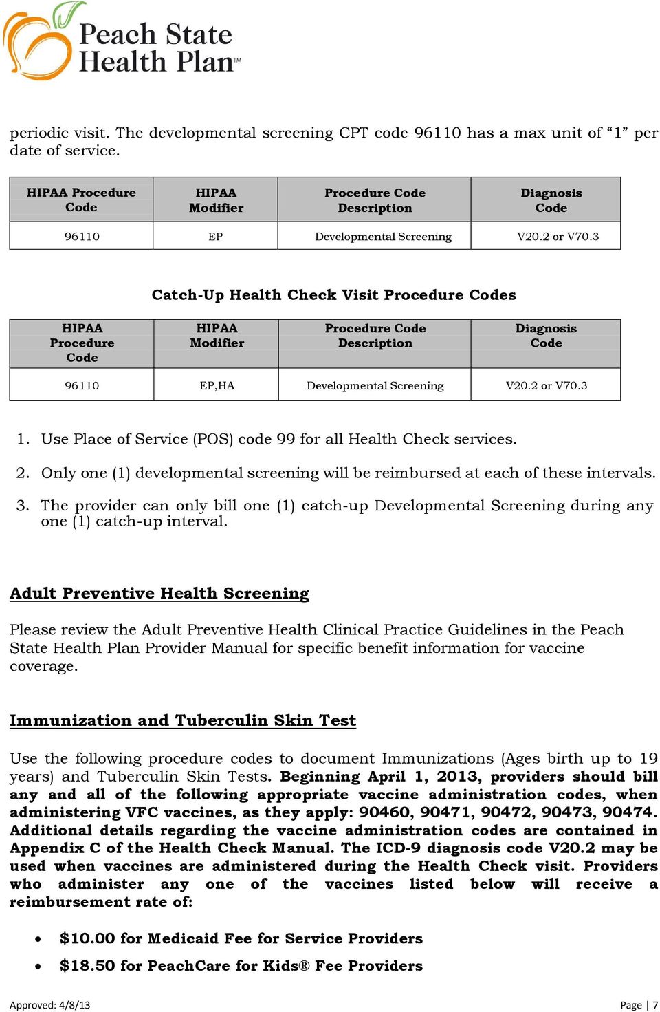 Use Place of Service (POS) code 99 for all Health Check services. 2. Only one (1) developmental screening will be reimbursed at each of these intervals. 3.