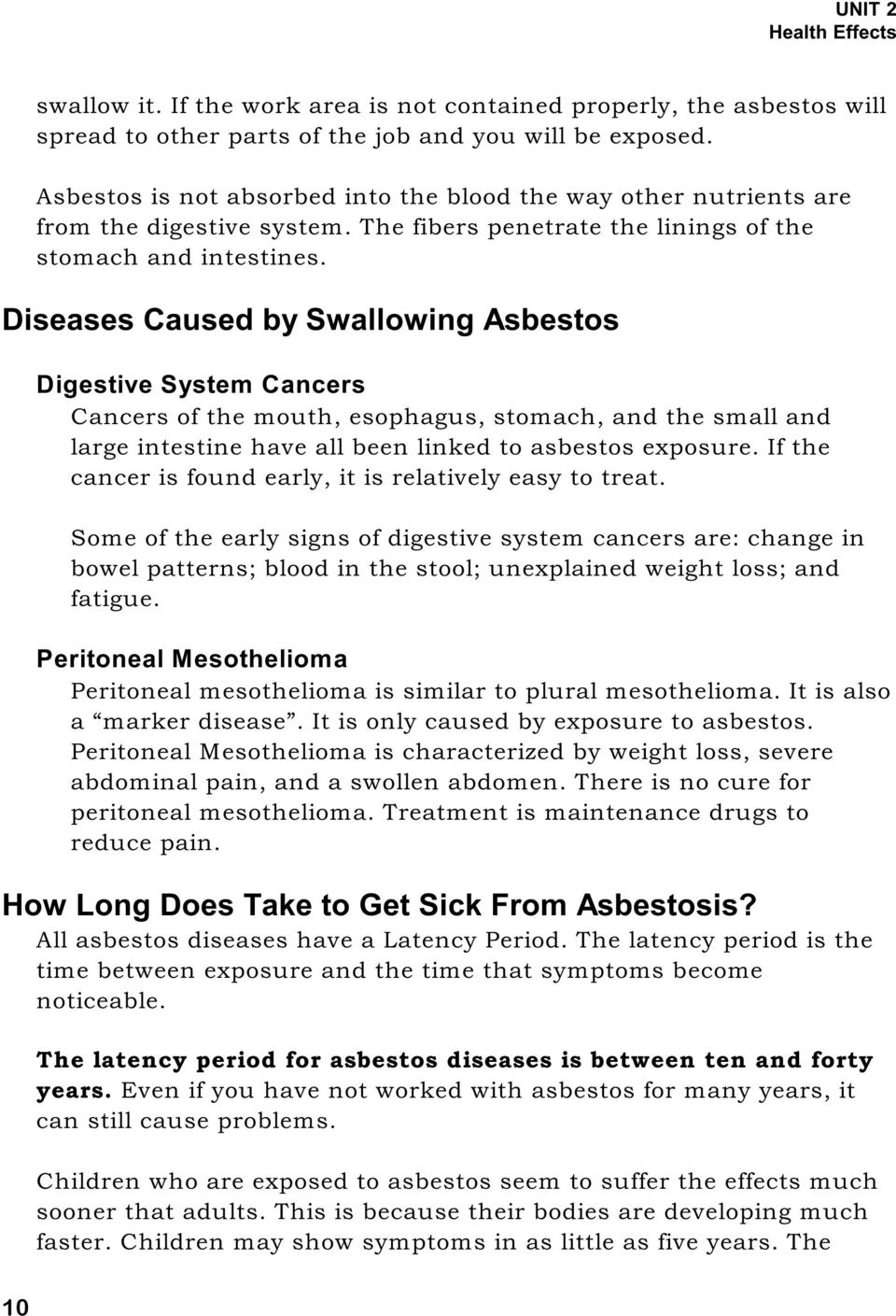 Diseases Caused by Swallowing Asbestos Digestive System Cancers Cancers of the mouth, esophagus, stomach, and the small and large intestine have all been linked to asbestos exposure.