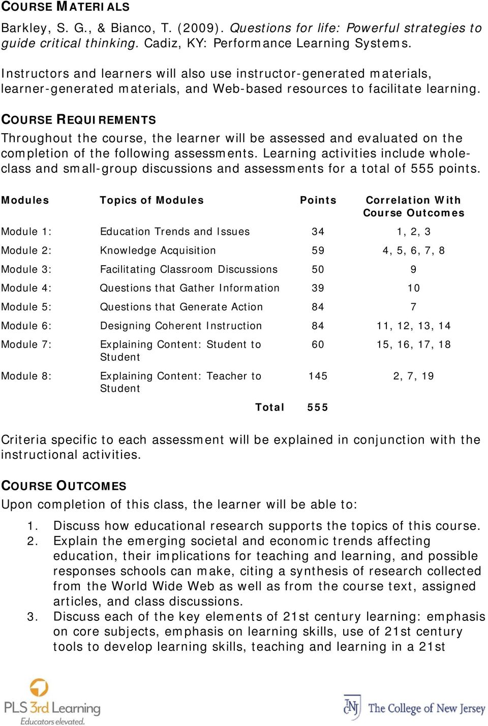 COURSE REQUIREMENTS Throughout the course, the learner will be assessed and evaluated on the completion of the following assessments.