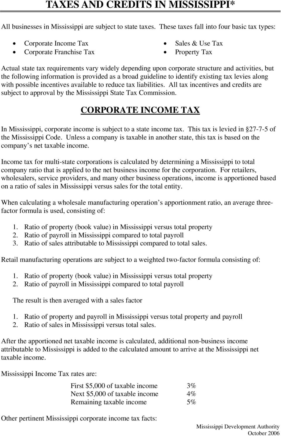activities, but the following information is provided as a broad guideline to identify existing tax levies along with possible incentives available to reduce tax liabilities.