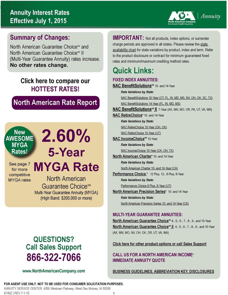 60% 5-Year MYGA Rate North American Guarantee Choice SM Multi-Year Guarantee Annuity (MYGA) (: $200,000 or more) QUESTIONS? Call Sales Support 866-322-7066 www.northamericancompany.