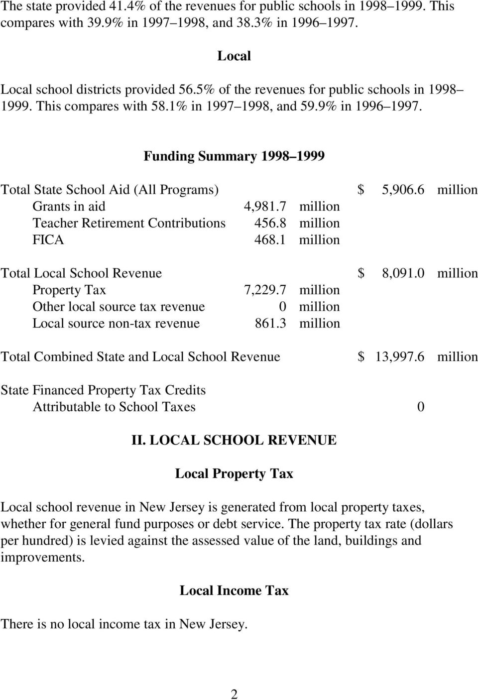 6 million Grants in aid 4,981.7 million Teacher Retirement Contributions 456.8 million FICA 468.1 million Total Local School Revenue $ 8,091.0 million Property Tax 7,229.