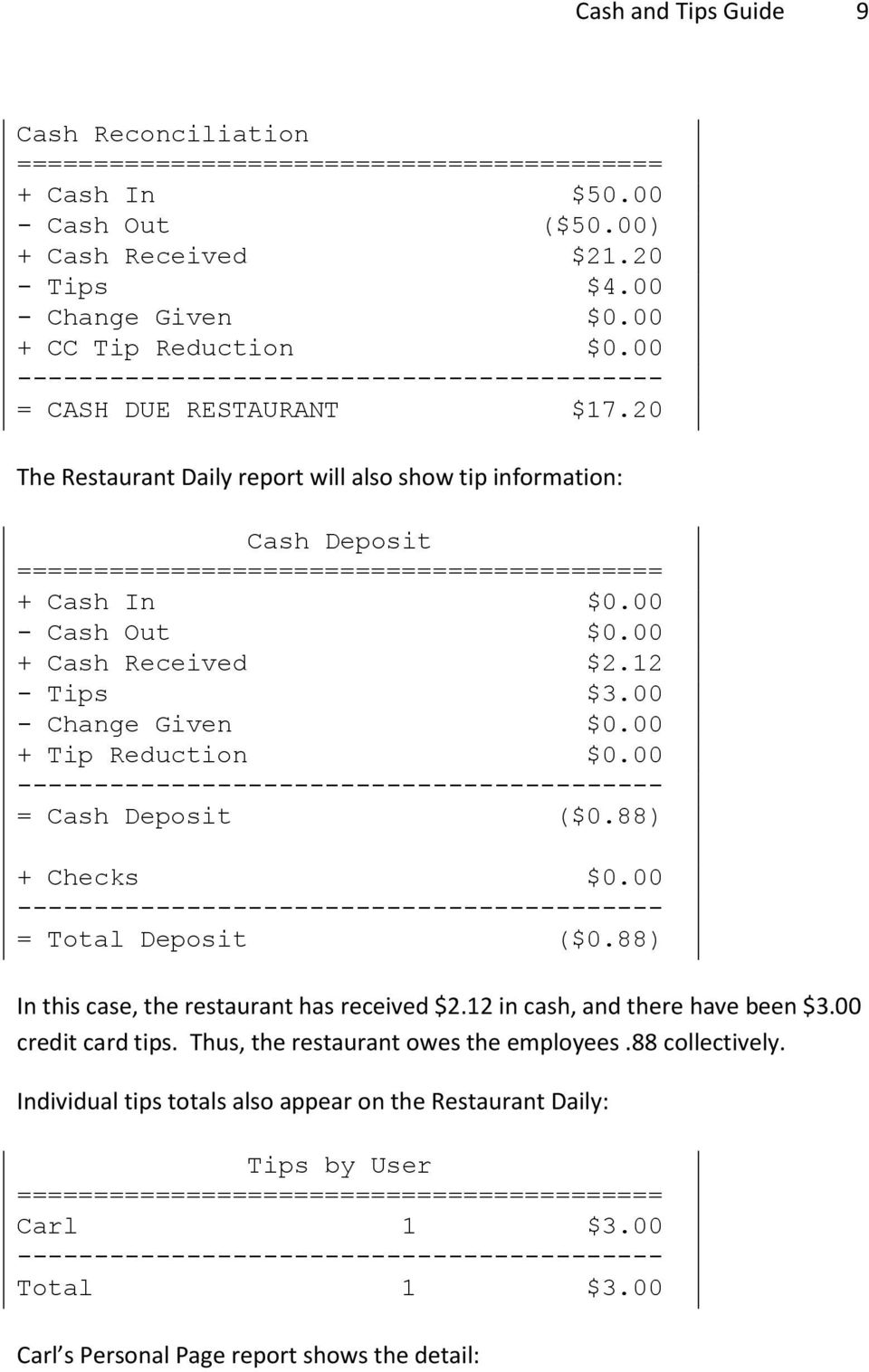 88) + Checks $0.00 = Total Deposit ($0.88) In this case, the restaurant has received $2.12 in cash, and there have been $3.00 credit card tips.