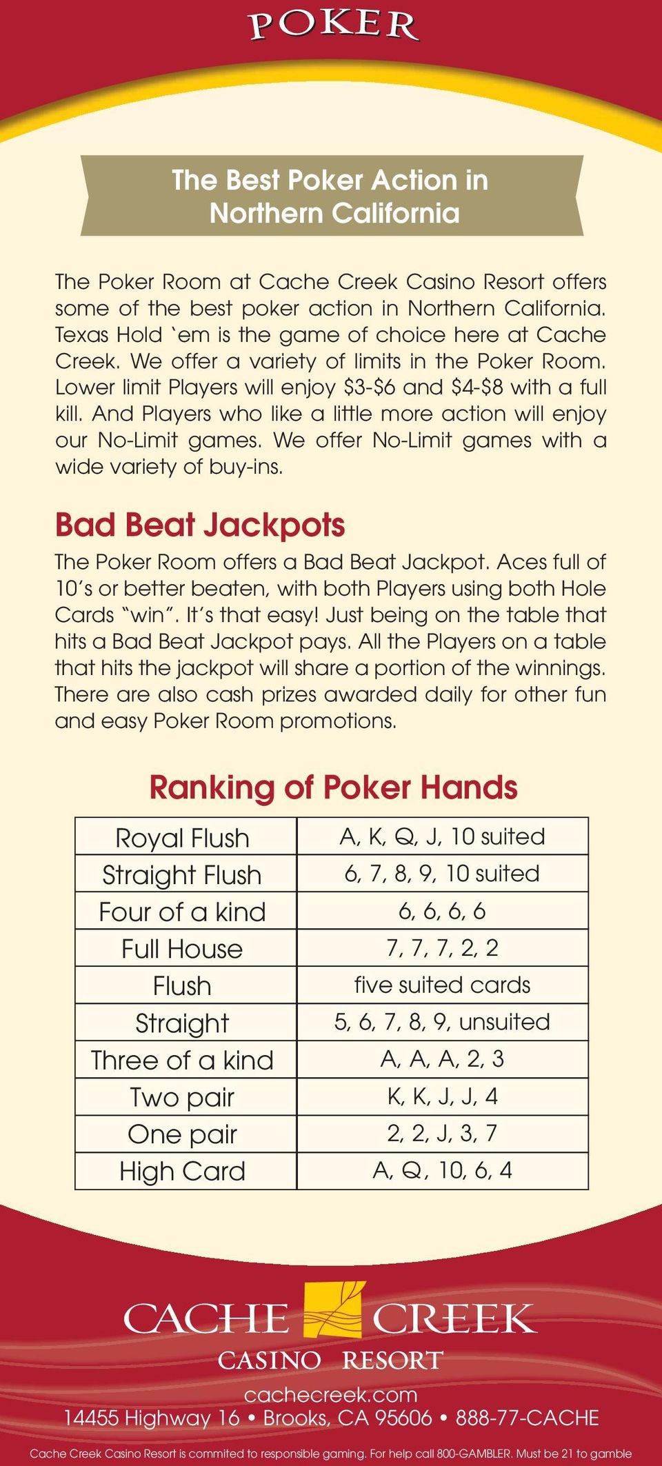 And Players who like a little more action will enjoy our No-Limit games. We offer No-Limit games with a wide variety of buy-ins. Bad Beat Jackpots The Poker Room offers a Bad Beat Jackpot.