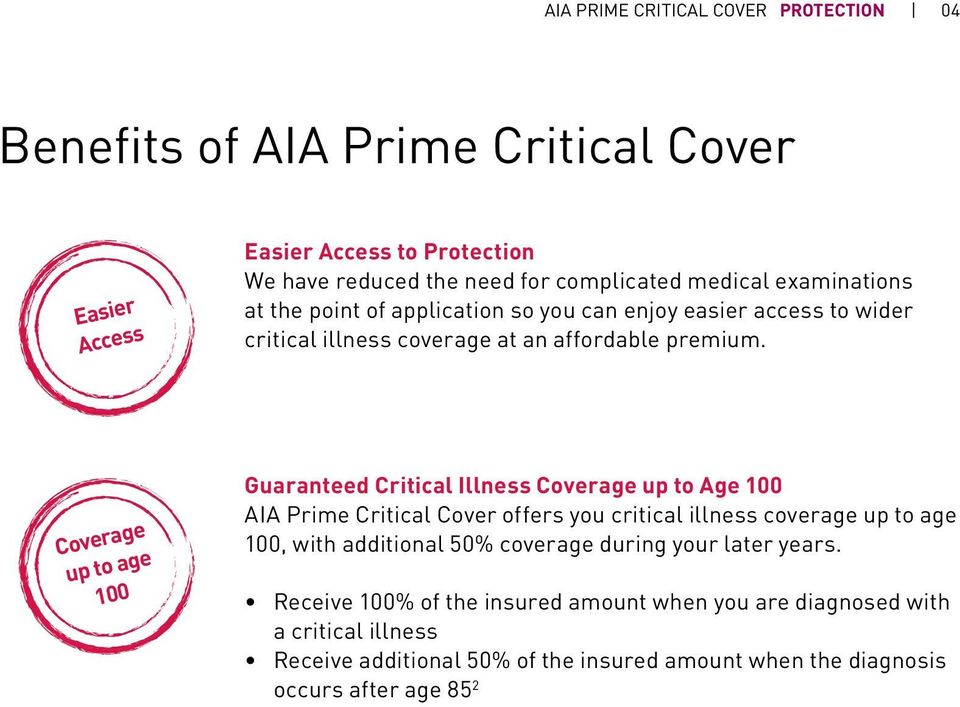Coverage up to age 100 Guaranteed Critical Illness Coverage up to Age 100 AIA Prime Critical Cover offers you critical illness coverage up to age 100, with additional