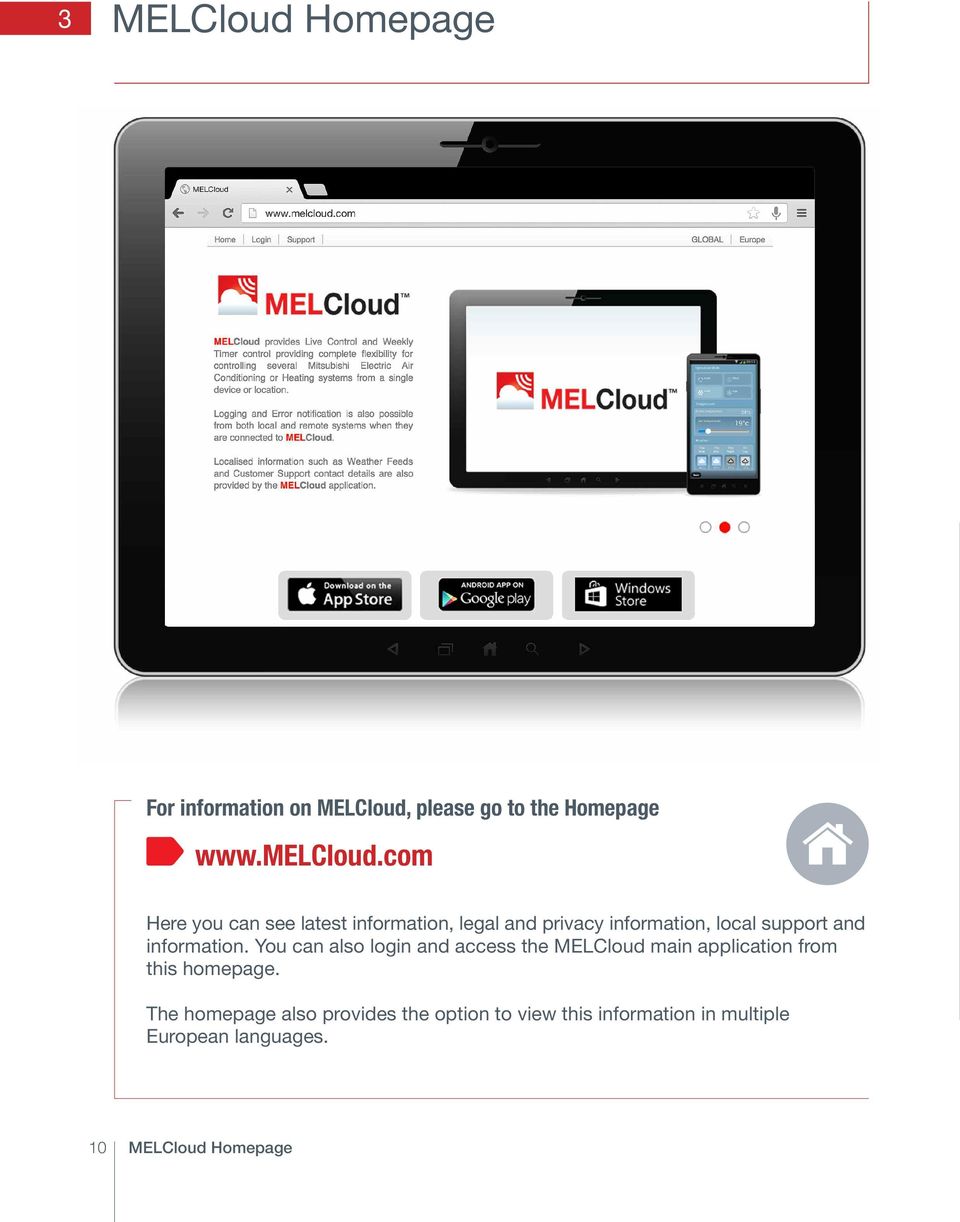 information. You can also login and access the MELCloud main application from this homepage.