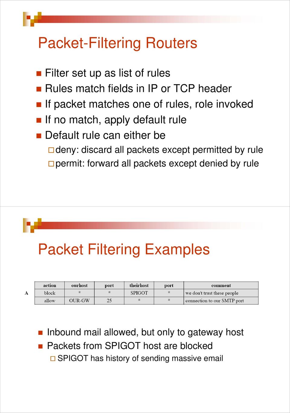 except permitted by rule permit: forward all packets except denied by rule Packet Filtering Examples Inbound mail