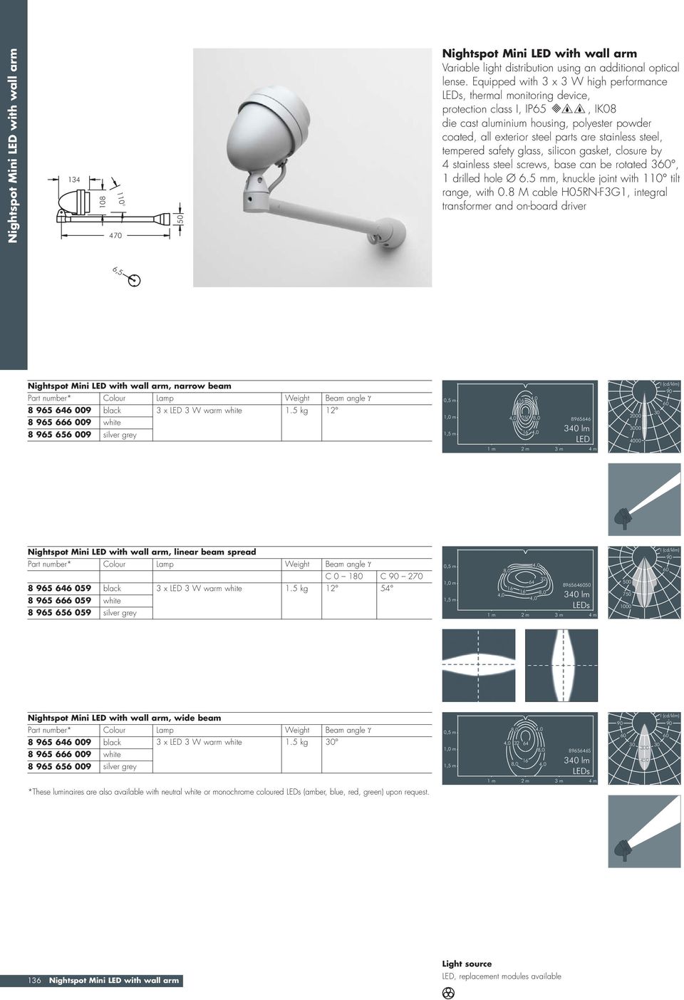 steel, tempered safety glass, silicon gasket, closure by 4 stainless steel screws, base can be rotated 3, 1 drilled hole Ø 6.m, knuckle joint with 110 tilt range, with 0.
