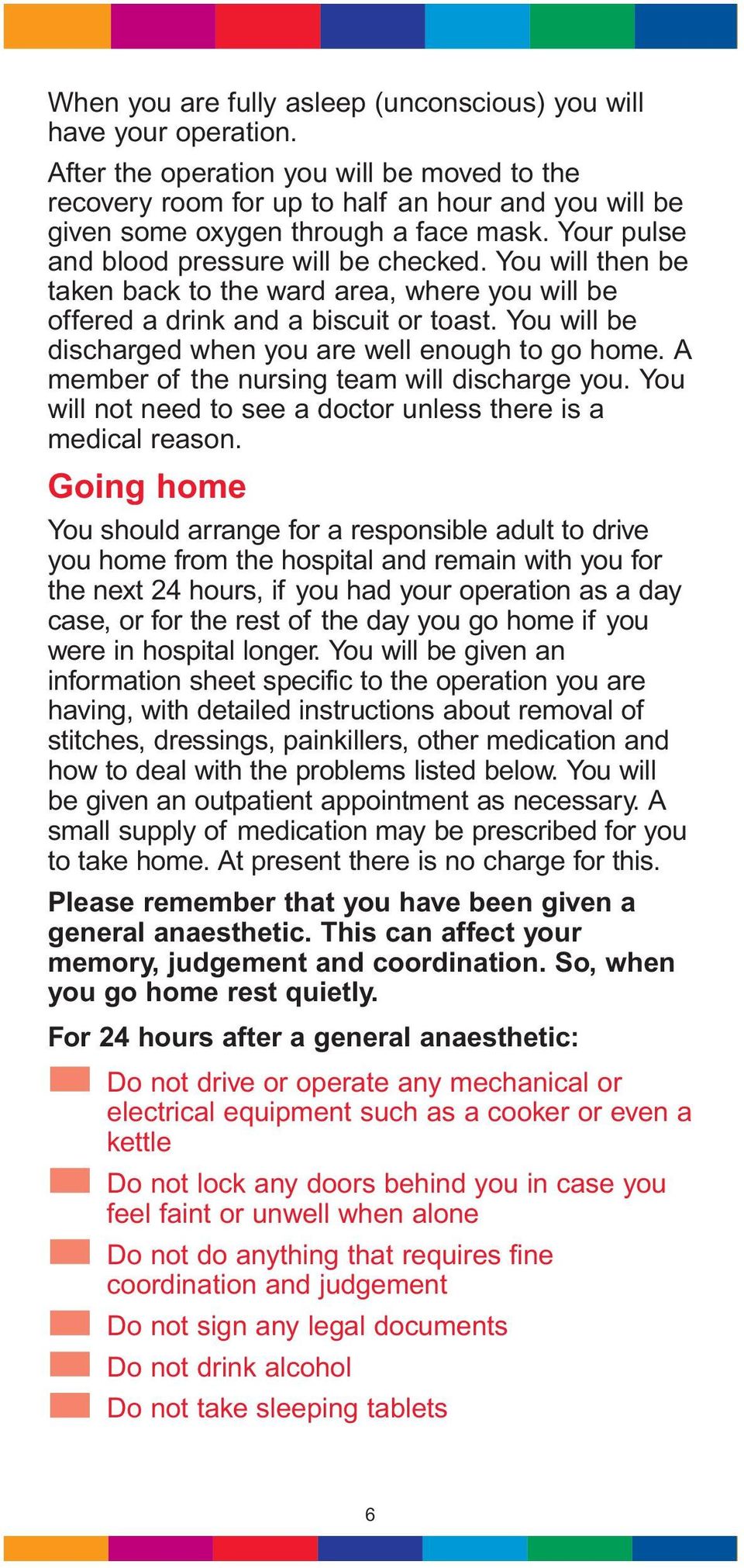 You will then be taken back to the ward area, where you will be offered a drink and a biscuit or toast. You will be discharged when you are well enough to go home.