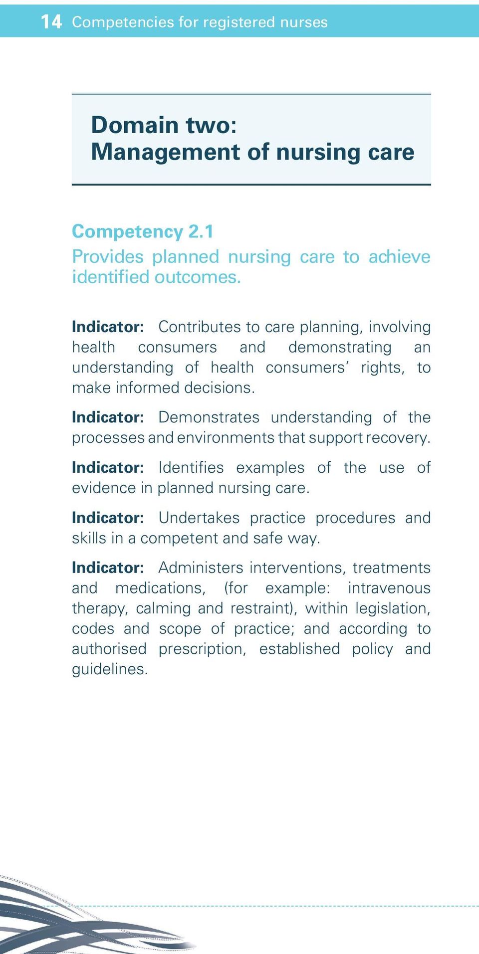 Indicator: Demonstrates understanding of the processes and environments that support recovery. Indicator: Identifies examples of the use of evidence in planned nursing care.