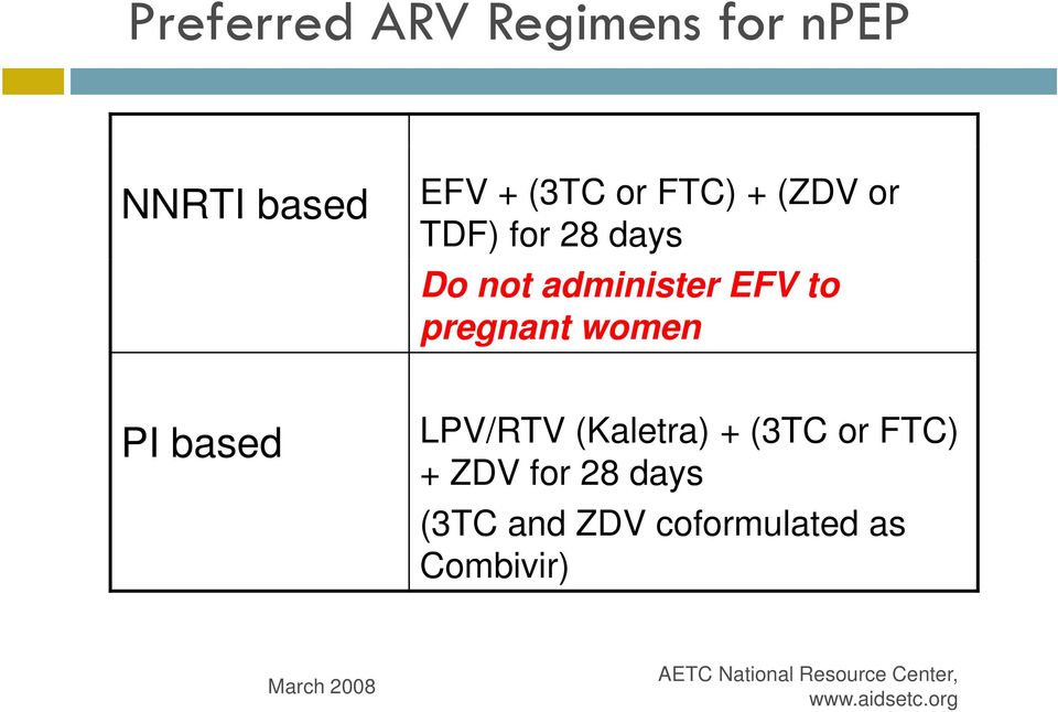LPV/RTV (Kaletra) + (3TC or FTC) + ZDV for 28 days (3TC and ZDV