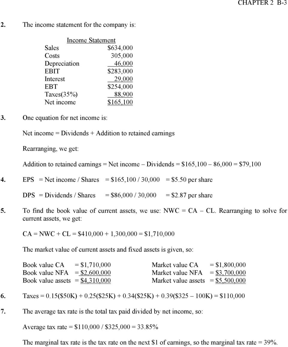 One equation for net income is: Net income = Dividends + Addition to retained earnings Rearranging, we get: Addition to retained earnings = Net income Dividends = $165,100 86,000 = $79,100 4.