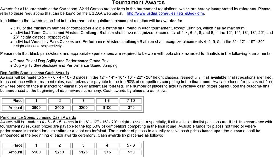 In addition to the awards specified in the tournament regulations, placement rosettes will be awarded for - 50% of the maximum number of competitors eligible for the final round in each tournament,