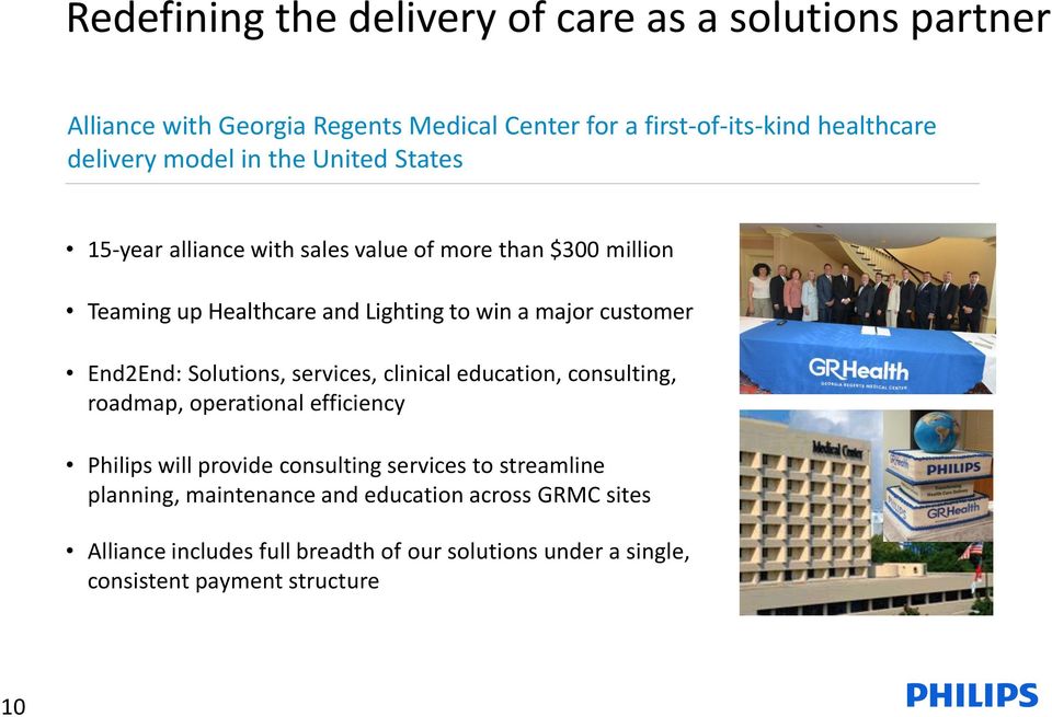 End2End: Solutions, services, clinical education, consulting, roadmap, operational efficiency Philips will provide consulting services to