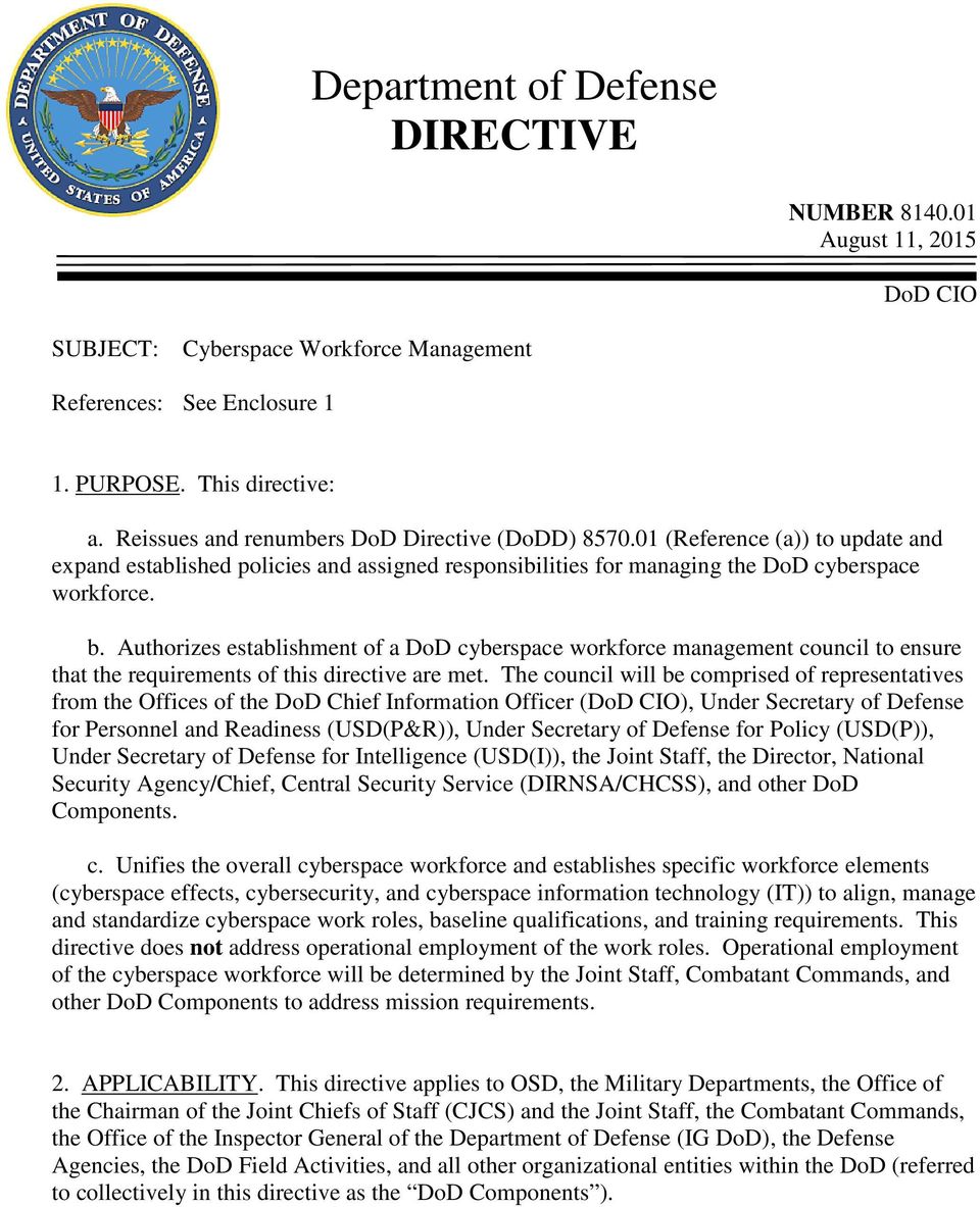 Authorizes establishment of a DoD cyberspace workforce management council to ensure that the requirements of this directive are met.