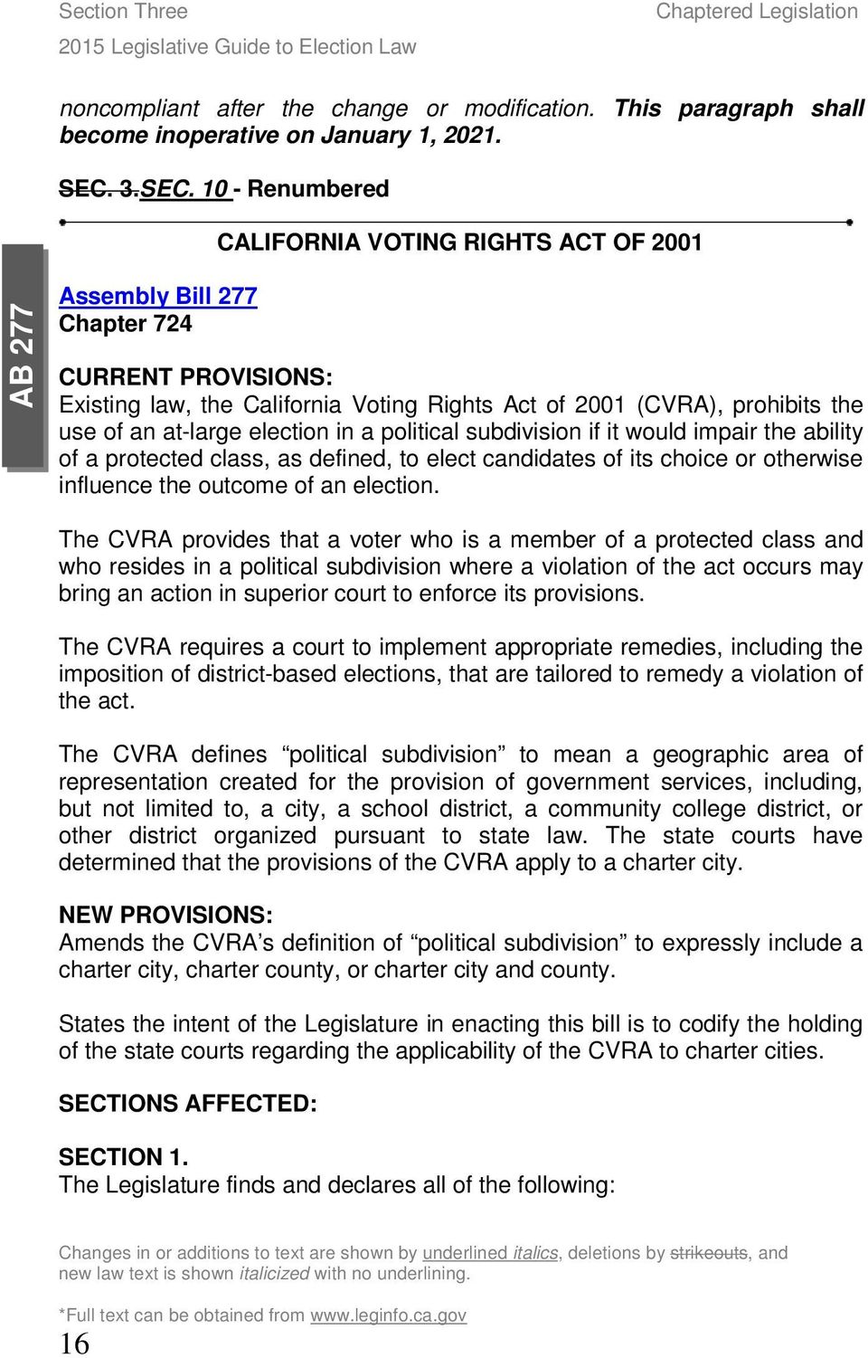 10 - Renumbered CALIFORNIA VOTING RIGHTS ACT OF 2001 AB 277 Assembly Bill 277 Chapter 724 CURRENT PROVISIONS: Existing law, the California Voting Rights Act of 2001 (CVRA), prohibits the use of an