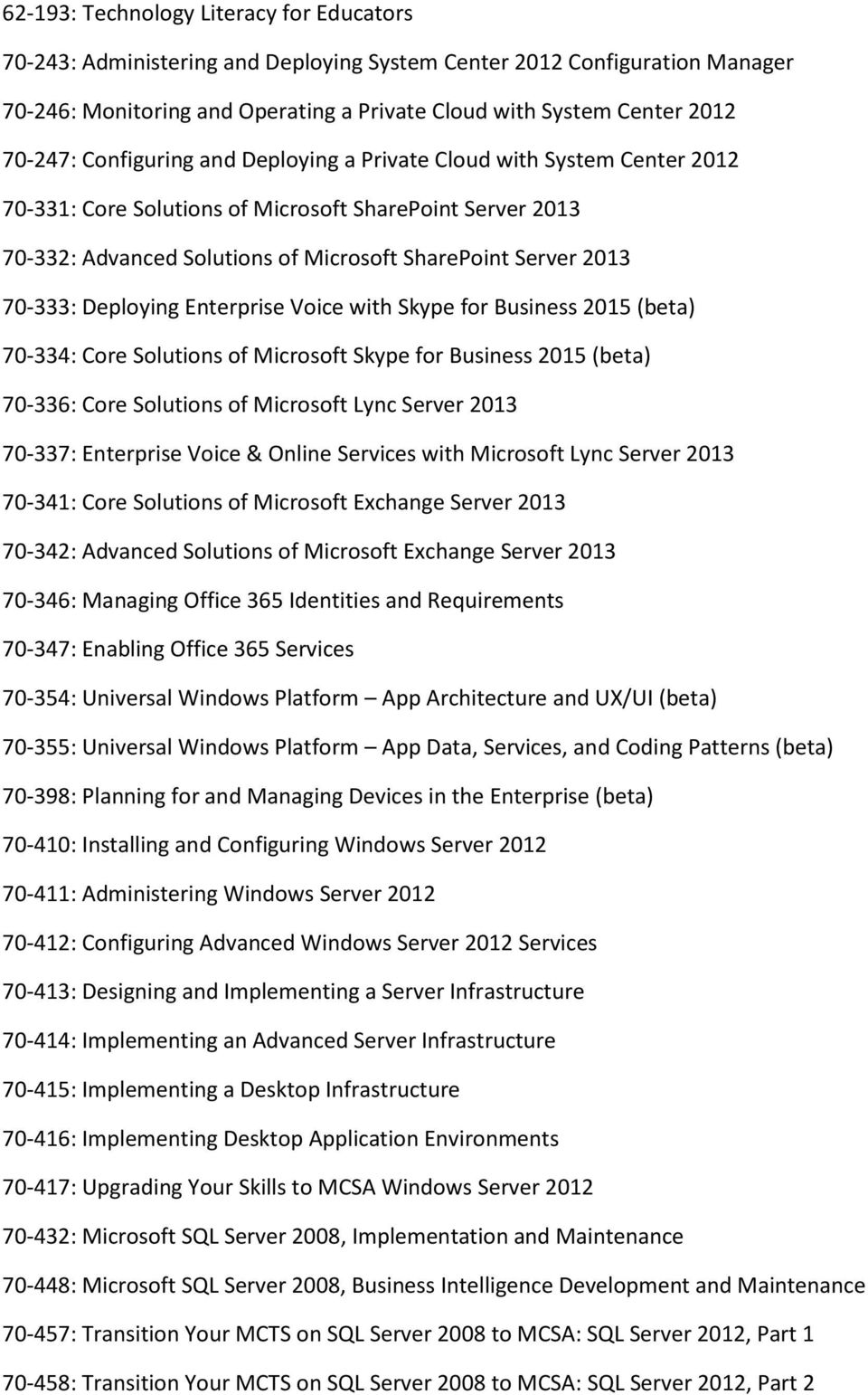 Deploying Enterprise Voice with Skype for Business 2015 (beta) 70-334: Core Solutions of Microsoft Skype for Business 2015 (beta) 70-336: Core Solutions of Microsoft Lync Server 2013 70-337: