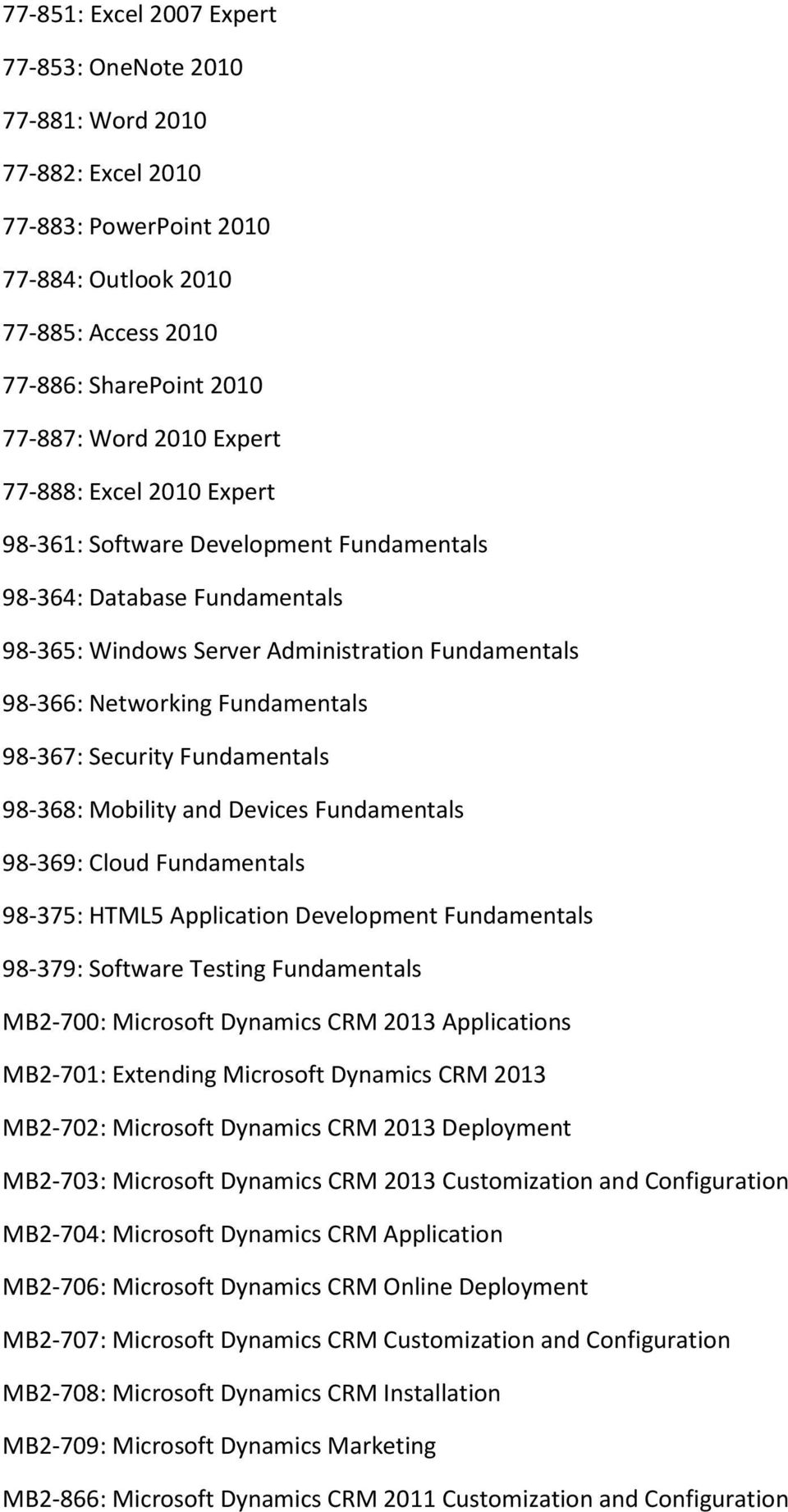 Fundamentals 98-368: Mobility and Devices Fundamentals 98-369: Cloud Fundamentals 98-375: HTML5 Application Development Fundamentals 98-379: Software Testing Fundamentals MB2-700: Microsoft Dynamics