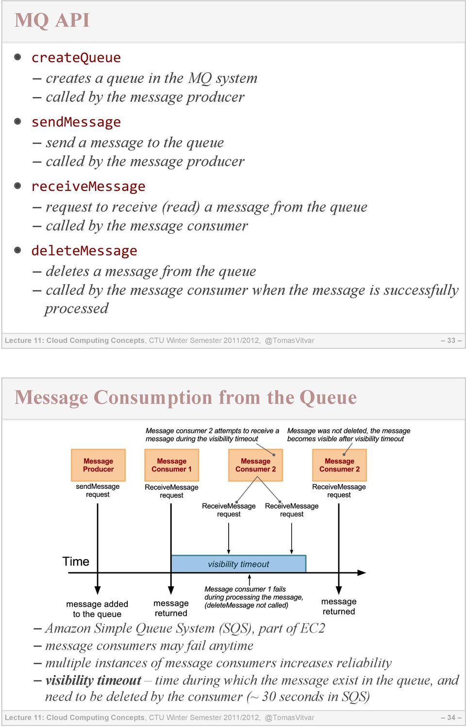 Computing Concepts, CTU Winter Semester 2011/2012, @TomasVitvar 33 Message Consumption from the Queue Amazon Simple Queue System (SQS), part of EC2 message consumers may fail anytime multiple